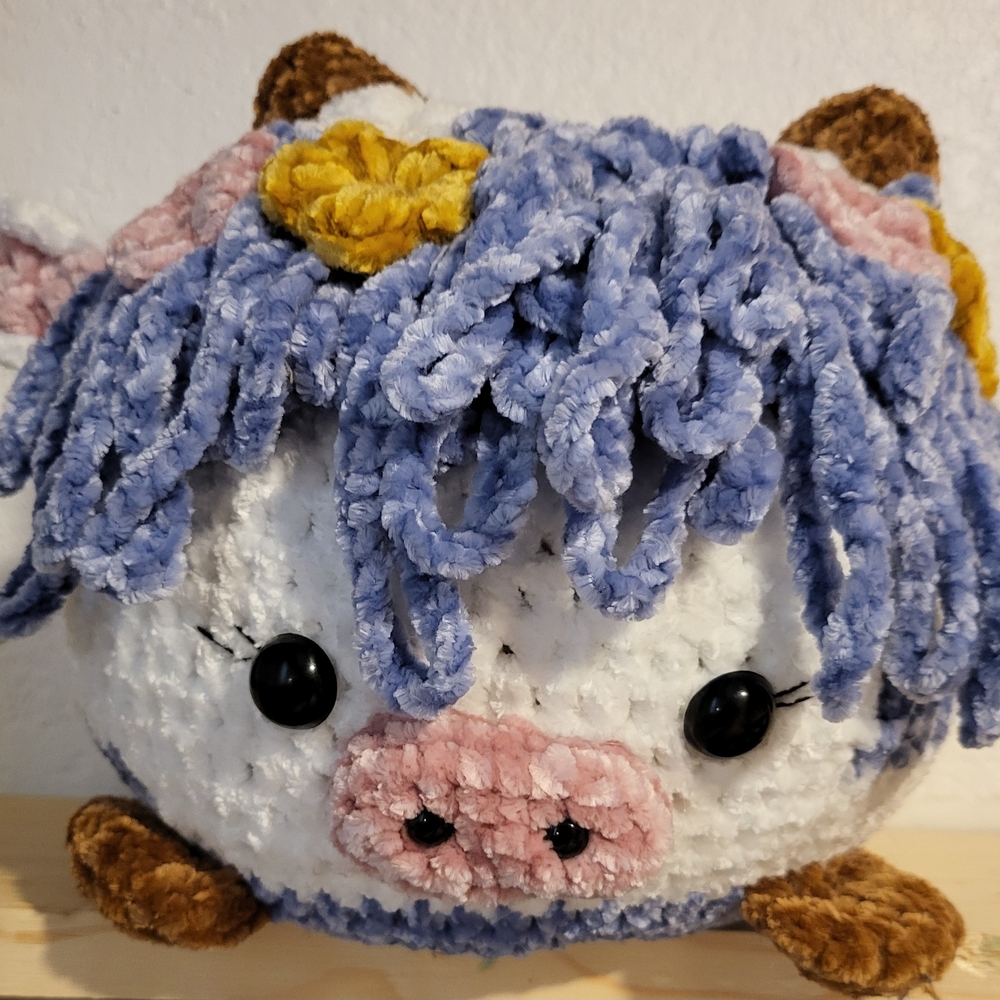 Plush Cow Toy with Blue and White Yarn